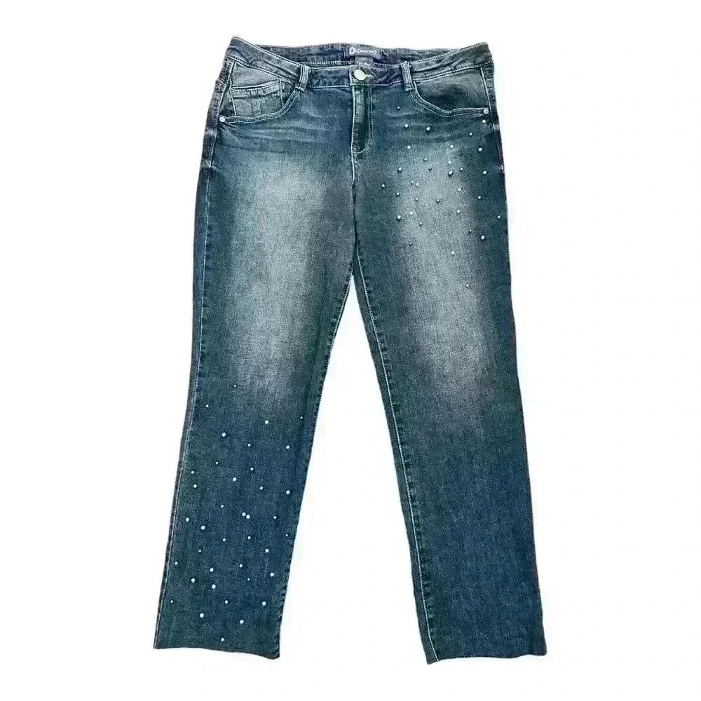 Democracy Flex-ellent Raw Hem Cropped Jeans Medium Wash Pearl Accents Women’s 10